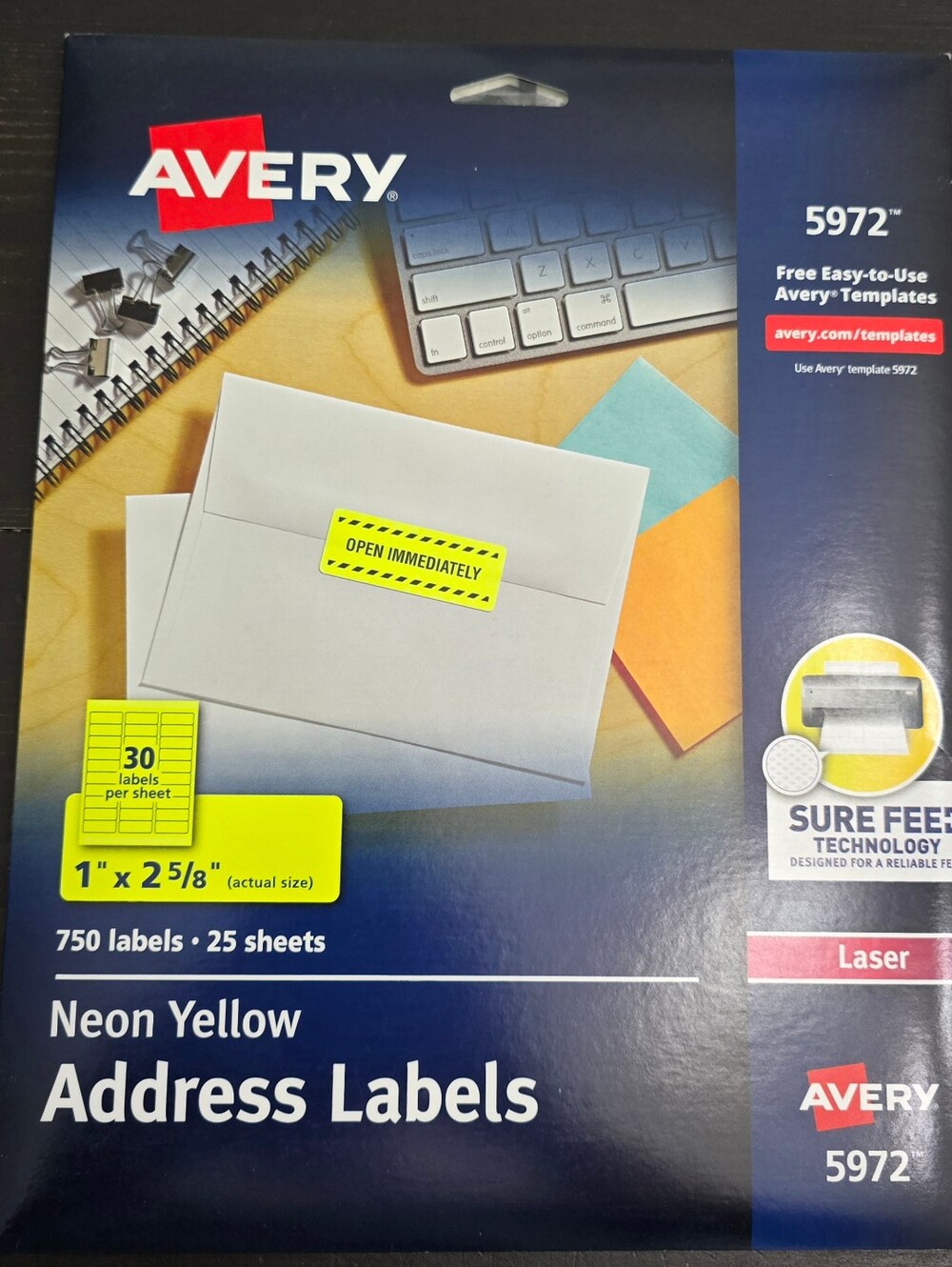 Avery 5972 Neon Yellow Laser Labels Rectangle 1"x2-5/8" 750 Labels 25 Sheets